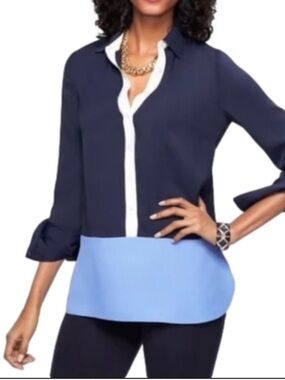 Talbots Navy and Light Blue Colorblock Button-Down Blouse, sz S